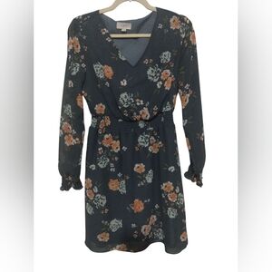 LOFT Ruched Wrap Dress with Bishop Sleeves in Orange and Blue